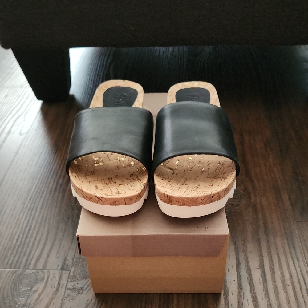 NEW Rollie Black Leather Slide Sandals Wedge w/Cork Sole EUR38/US7 Fits sz 8